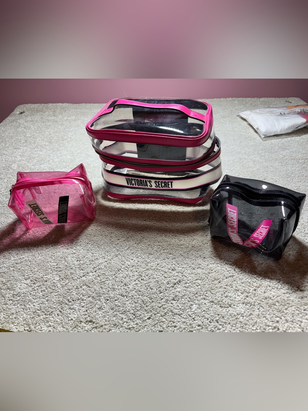 Victoria secret 3 piece set clear cosmetic bags with pink trim